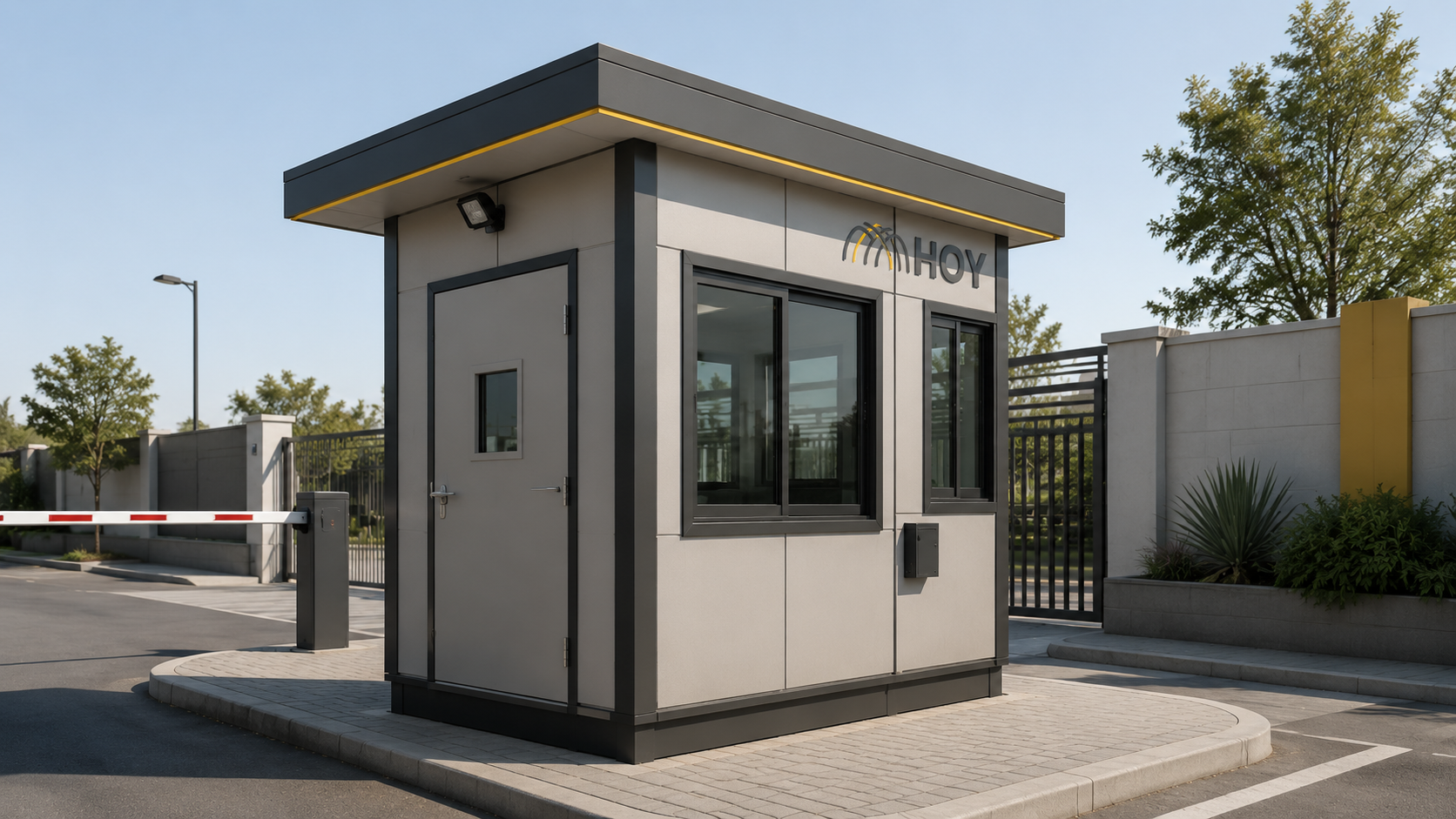 Exterior render of the HOY WAAB - 400 modular security unit at a compound gate