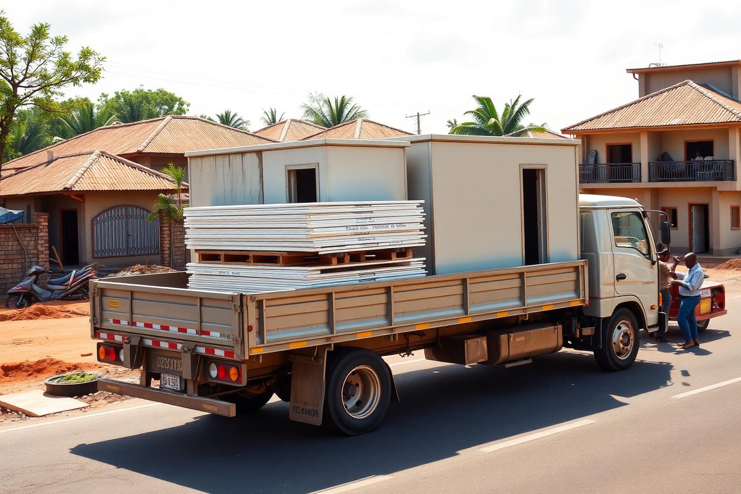 Flat-pack panels delivered to an African building site