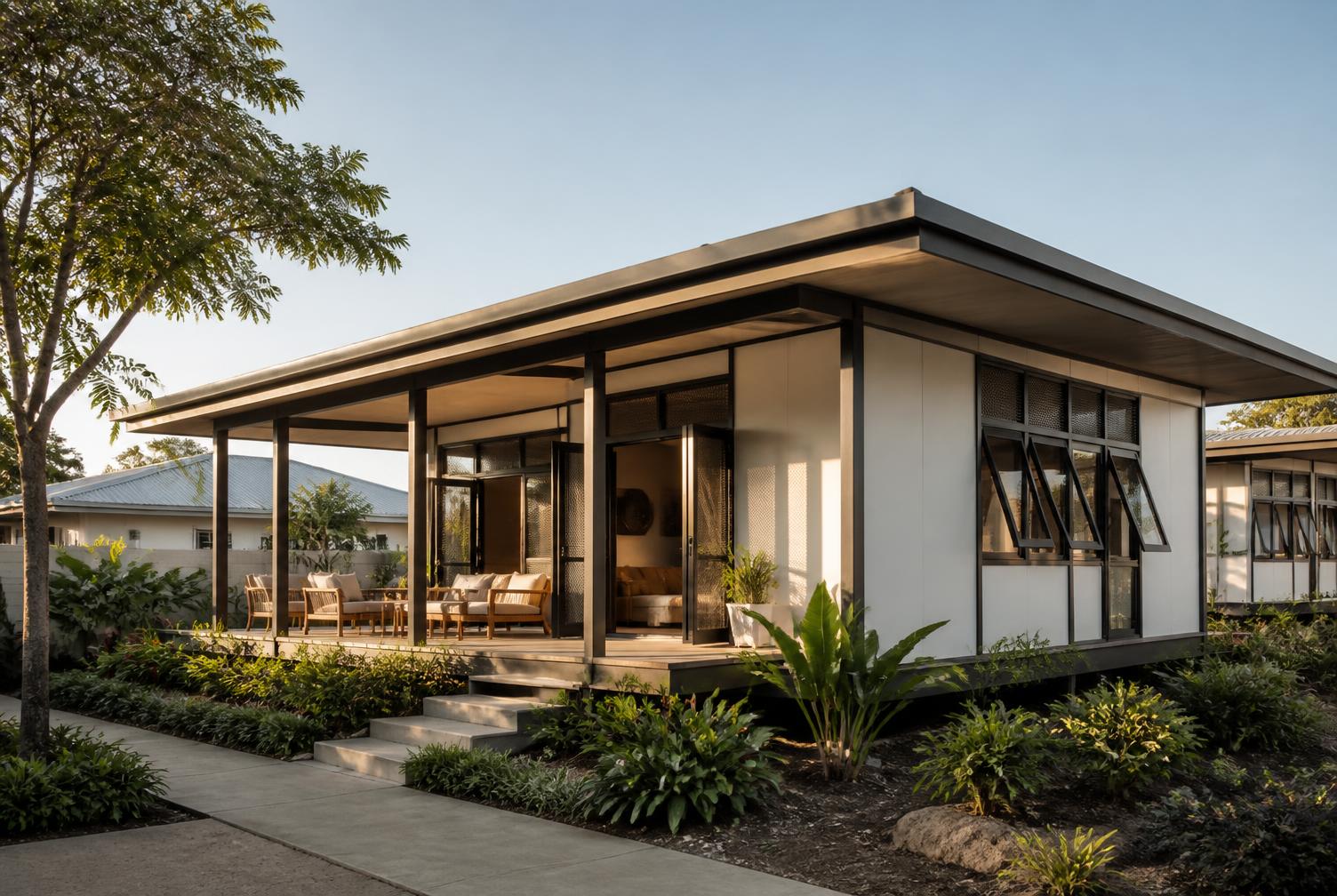 Exterior of a modern HOY home with deep shaded veranda