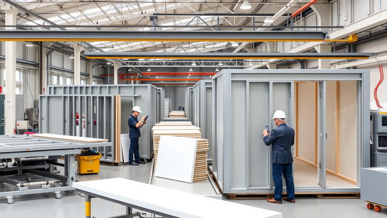 Prefabricated housing components on a factory line